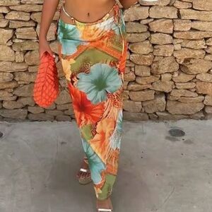 Tropical Swim Cover Up Long Skirt Sheer Mesh in Floral Design Size Small